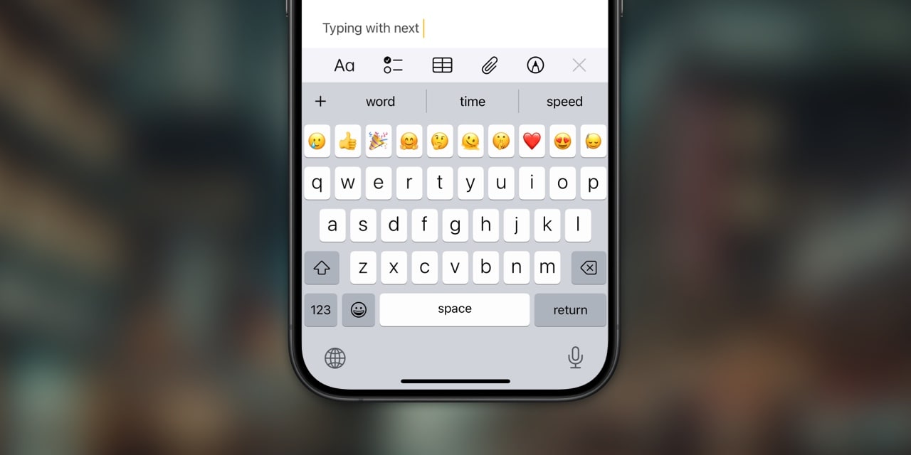 iPhone showing KeyboardKit Pro-based Next Word Prediction