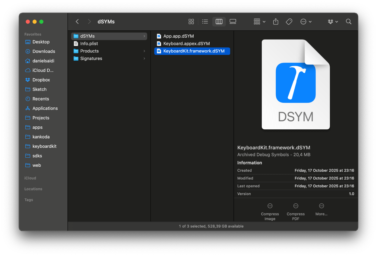 A screenshot of Finder and an added dSYMs file