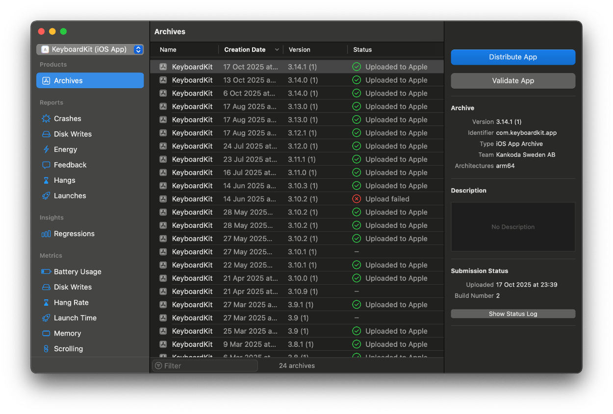 A screenshot of the Xcode archives modal