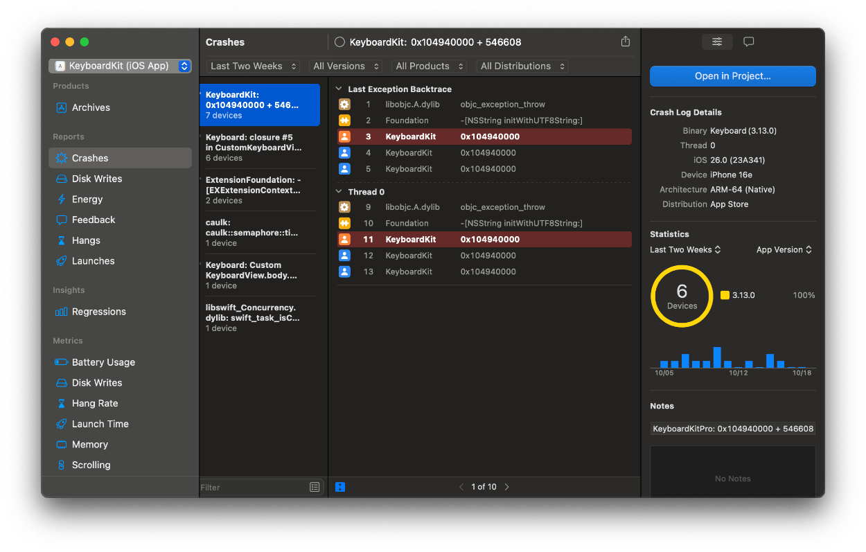 A screenshot of an Xcode crash report with unsymbolicated crash symbols