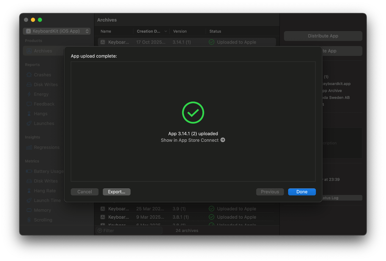 A screenshot of the Xcode successful upload modal
