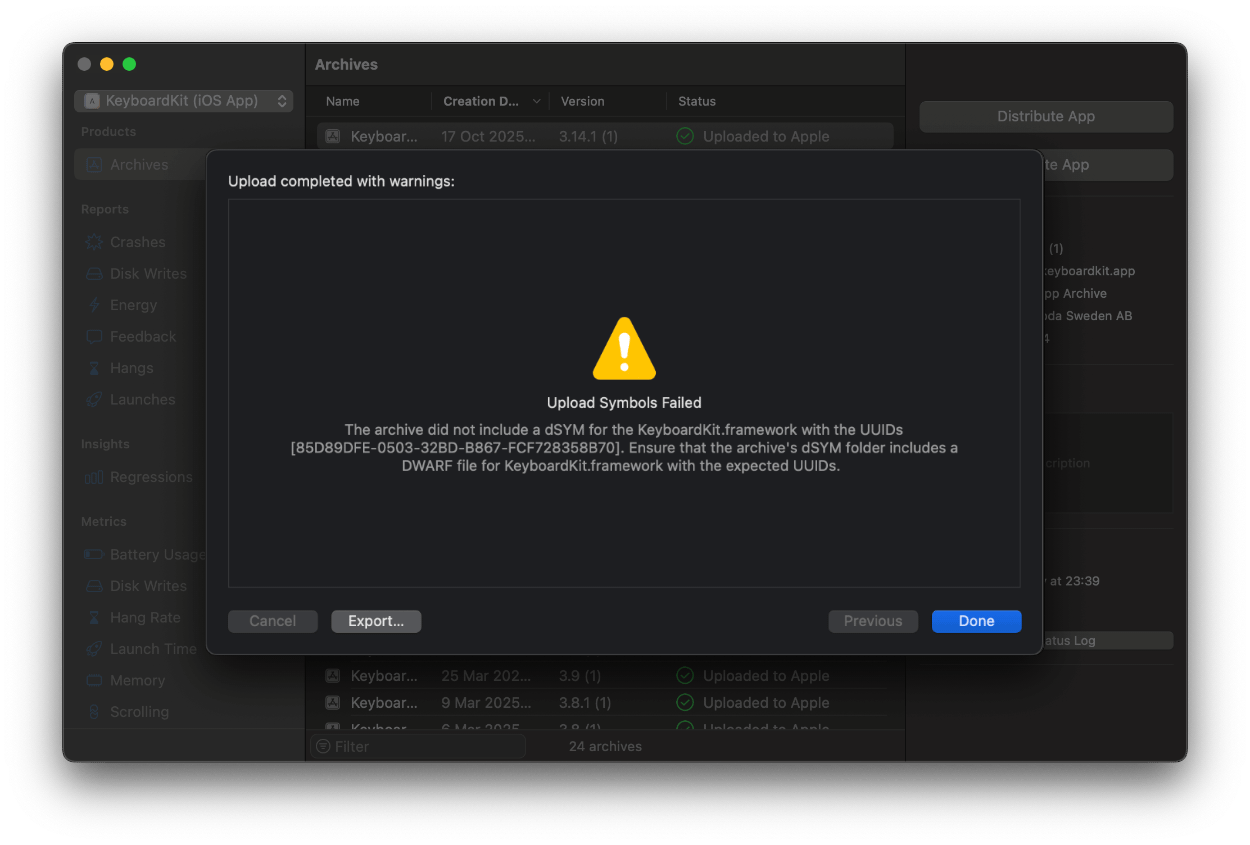 A screenshot of the Xcode dSYMs missing alert modal
